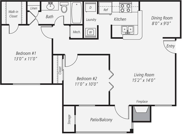 Floorplan for Apartment #02-201, 2 bedroom unit at Halstead Reston