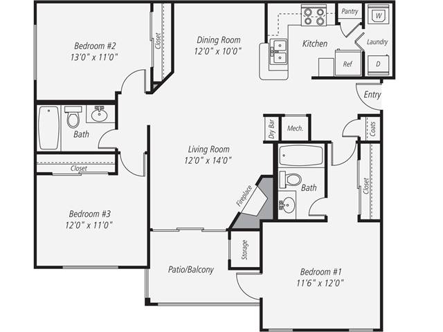 Floorplan for Apartment #39-101, 3 bedroom unit at Halstead Reston