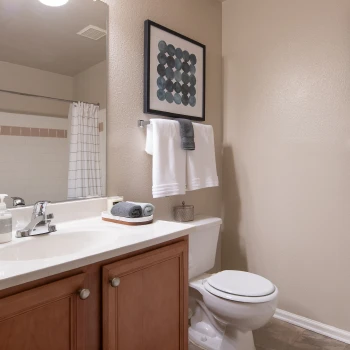 Modern bathroom interior featuring under-sink storage, decorative towels, and framed wall artwork