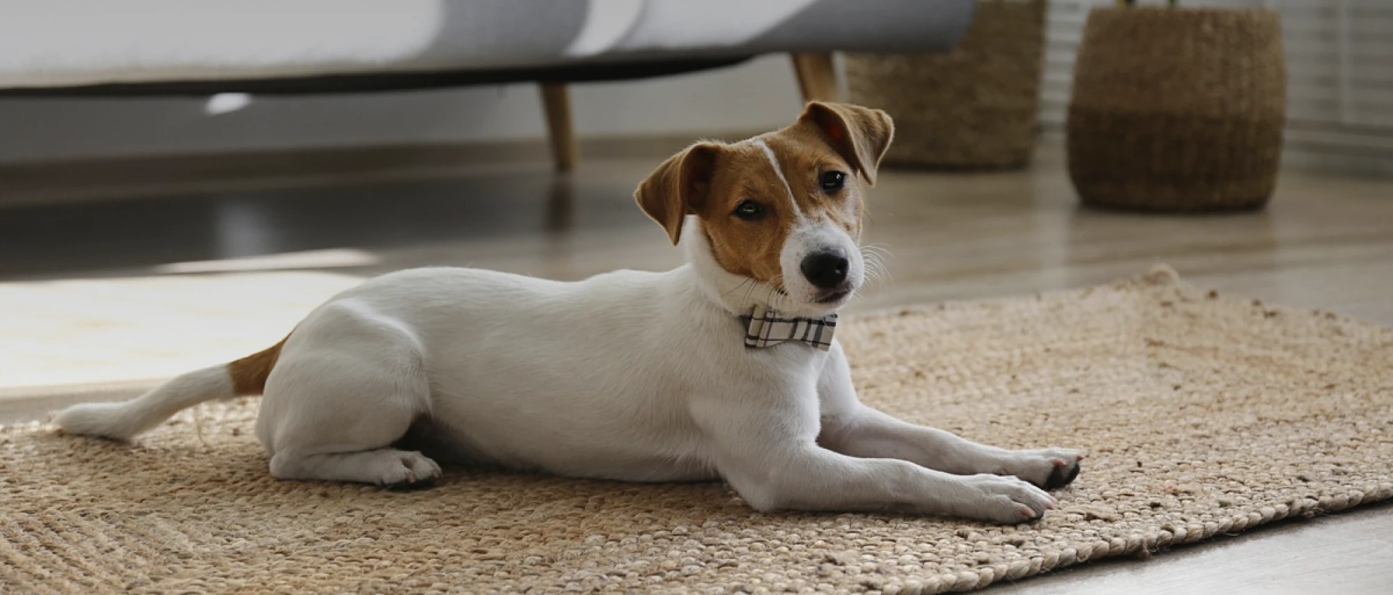 Small Jack Russell terrier wearing plaid collar laying on woven rug in bright living room