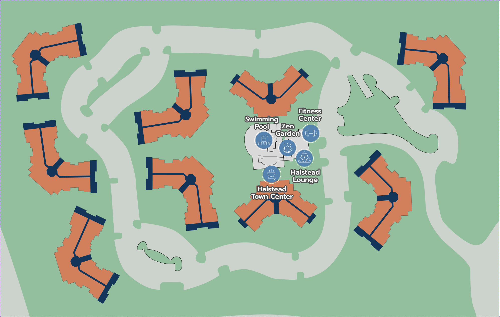 Halstead Reston community amenity map highlighting lounge, pool, fitness center, and zen garden